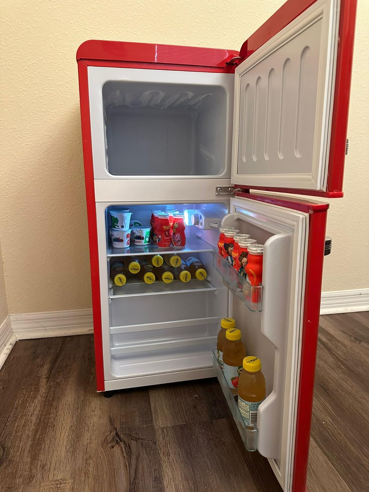Anukis customer photo — open mini fridge showing organized shelves